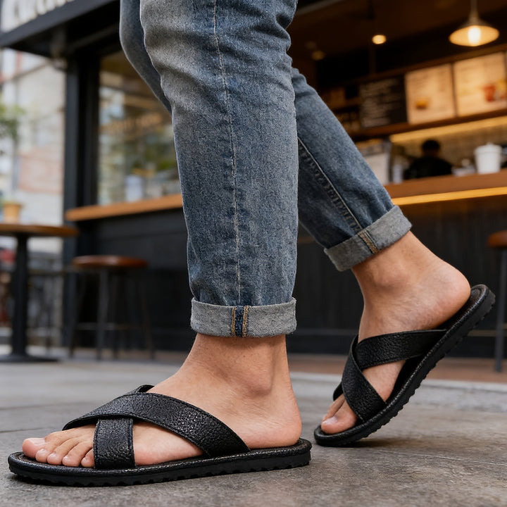 Men's Leather Slip On Cross Strap Sandals Autumn Casual Shoes