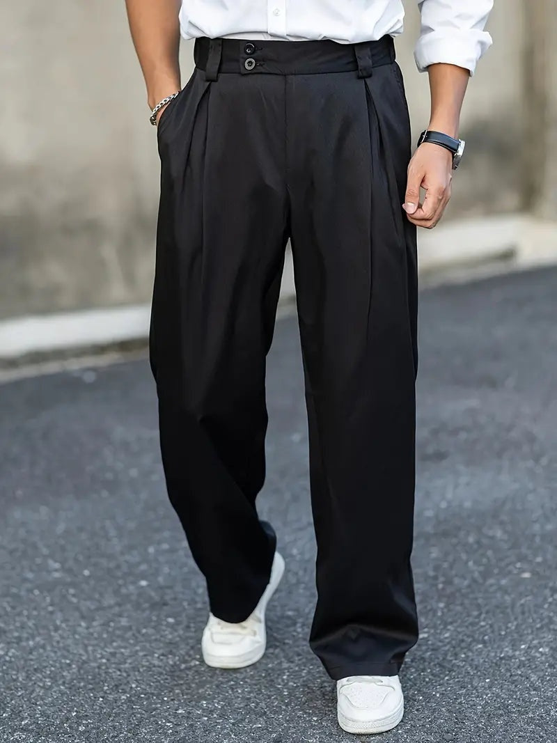 Loose-Fit Men’s Pleated Trousers with Double Button Waist Closure