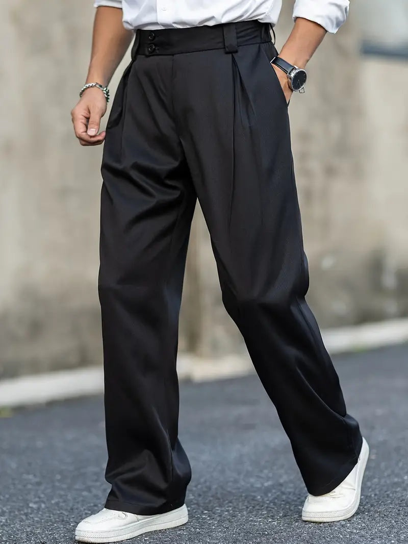 Loose-Fit Men’s Pleated Trousers with Double Button Waist Closure