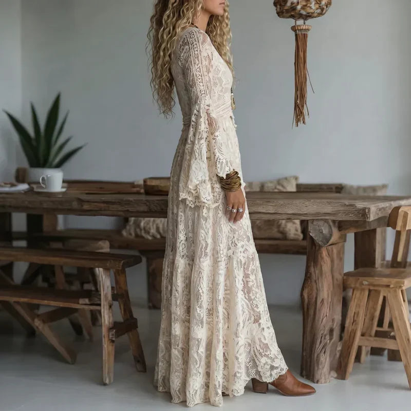 Women's Chiffon Long Vintage Lace Dress Autumn Evening Gown