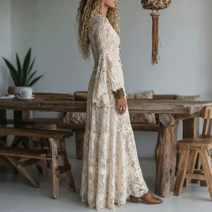 Women's Chiffon Long Vintage Lace Dress Autumn Evening Gown