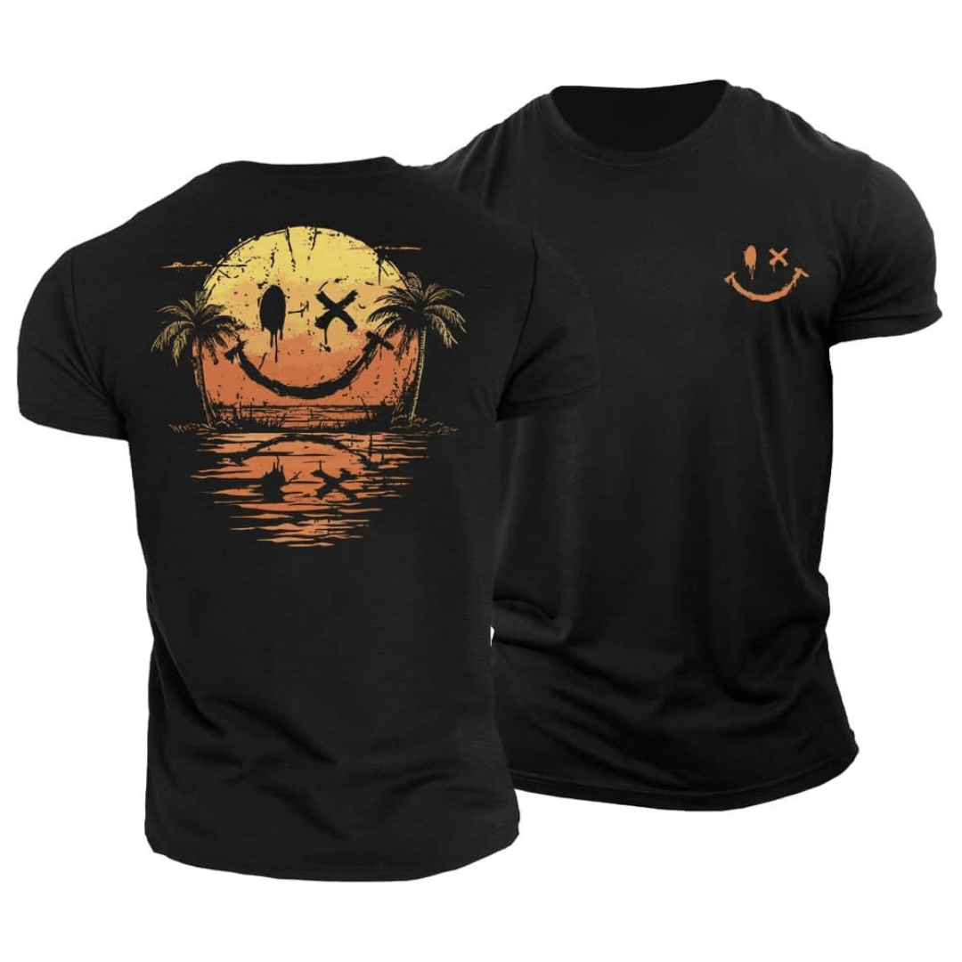 Men's Cotton Graphic T-Shirt Spring Short Sleeve Crew Neck Tee with Sunset Palm Back Print