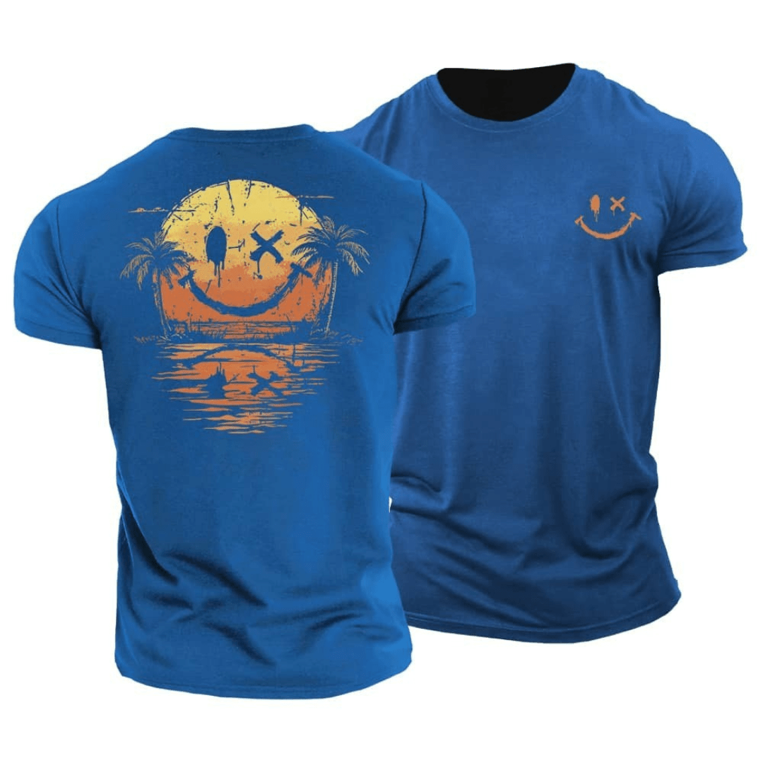 Men's Cotton Graphic T-Shirt Spring Short Sleeve Crew Neck Tee with Sunset Palm Back Print