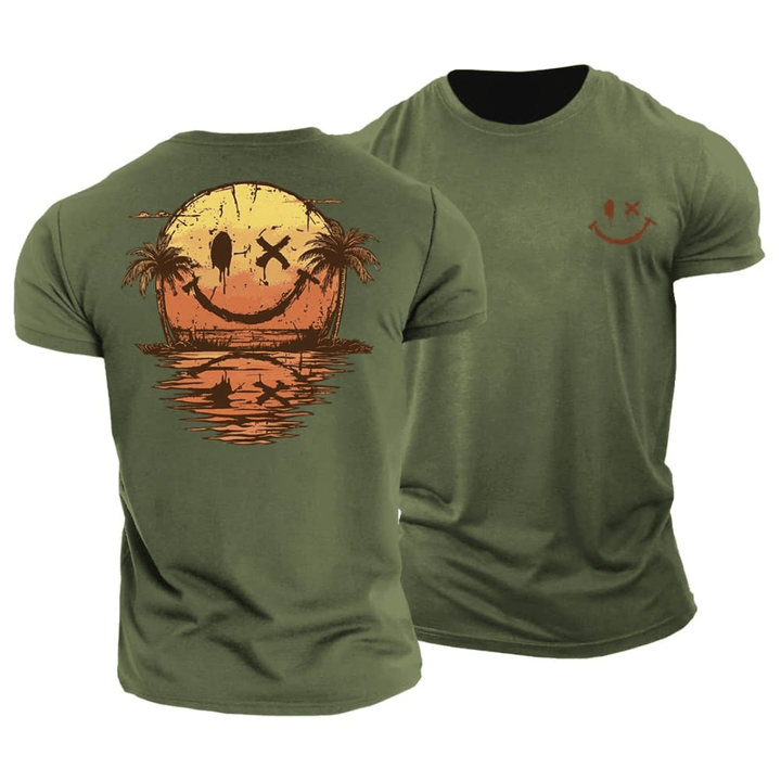 Men's Cotton Graphic T-Shirt Spring Short Sleeve Crew Neck Tee with Sunset Palm Back Print