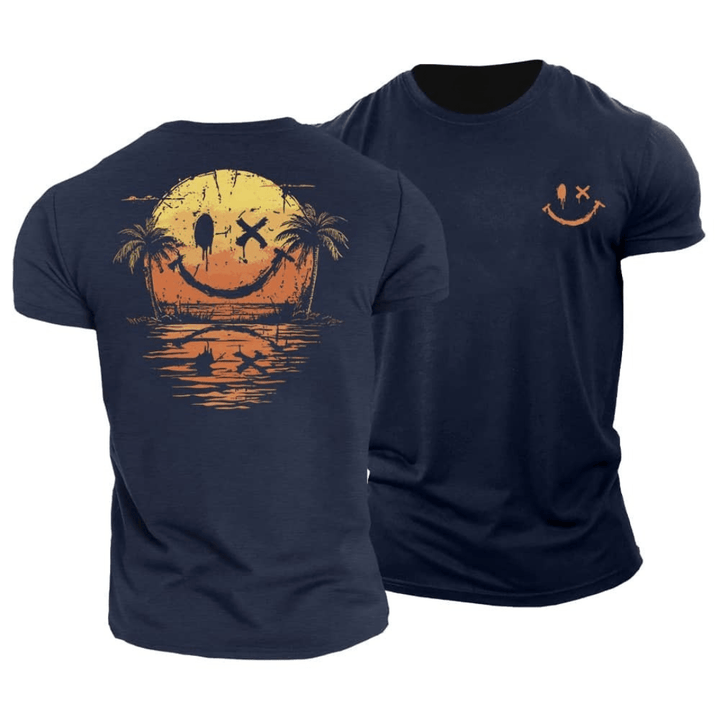 Men's Cotton Graphic T-Shirt Spring Short Sleeve Crew Neck Tee with Sunset Palm Back Print