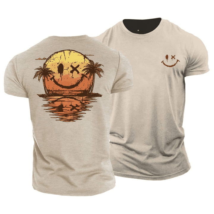 Men's Cotton Graphic T-Shirt Spring Short Sleeve Crew Neck Tee with Sunset Palm Back Print