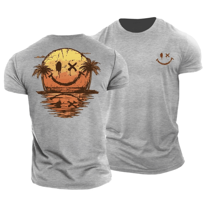 Men's Cotton Graphic T-Shirt Spring Short Sleeve Crew Neck Tee with Sunset Palm Back Print