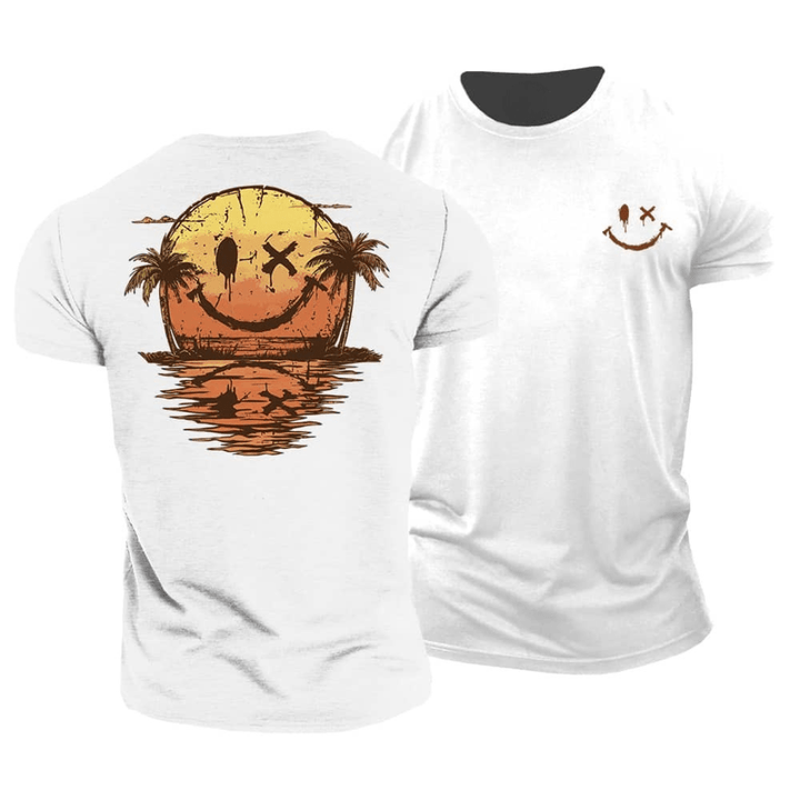 Men's Cotton Graphic T-Shirt Spring Short Sleeve Crew Neck Tee with Sunset Palm Back Print