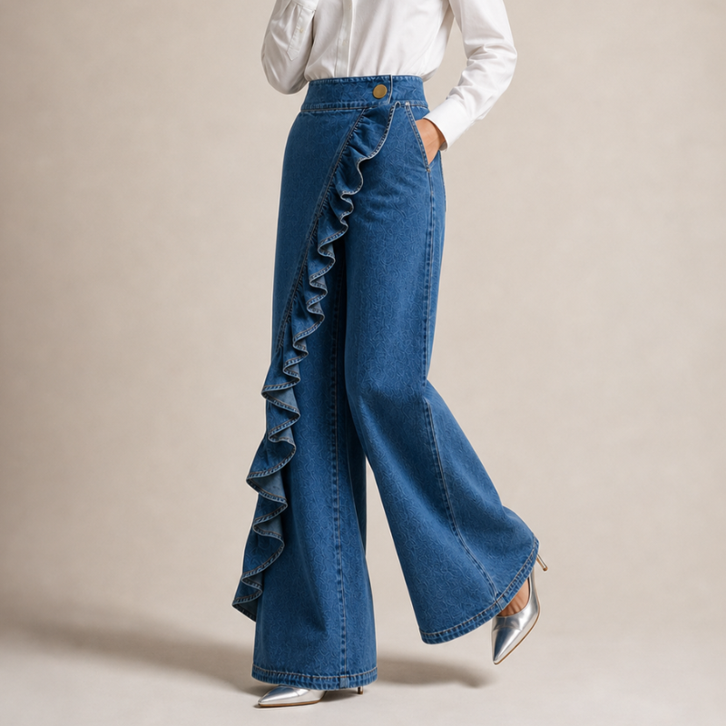 Women's Denim Ruffled Wide-Leg Jeans Autumn High-Waisted Trousers