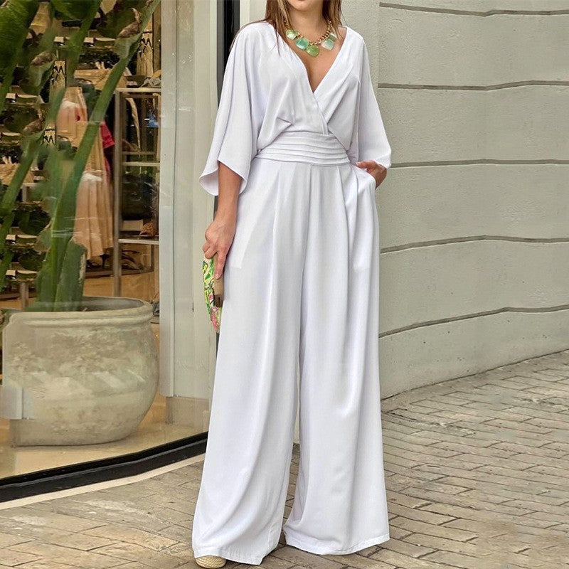 Women's Wide Leg Jumpsuit Spring V-Neck Batwing Sleeve Wrap Jumpsuit Elegant Party Outfit