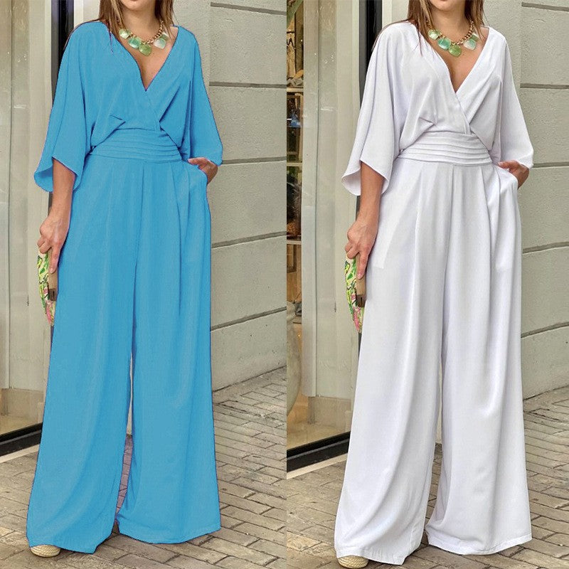 Women's Wide Leg Jumpsuit Spring V-Neck Batwing Sleeve Wrap Jumpsuit Elegant Party Outfit
