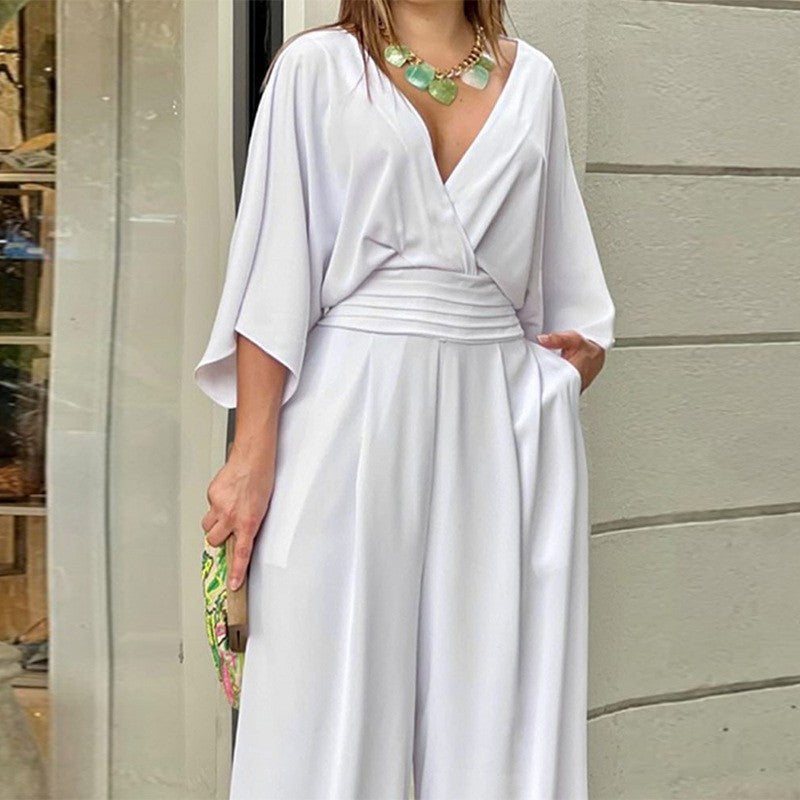 Women's Wide Leg Jumpsuit Spring V-Neck Batwing Sleeve Wrap Jumpsuit Elegant Party Outfit