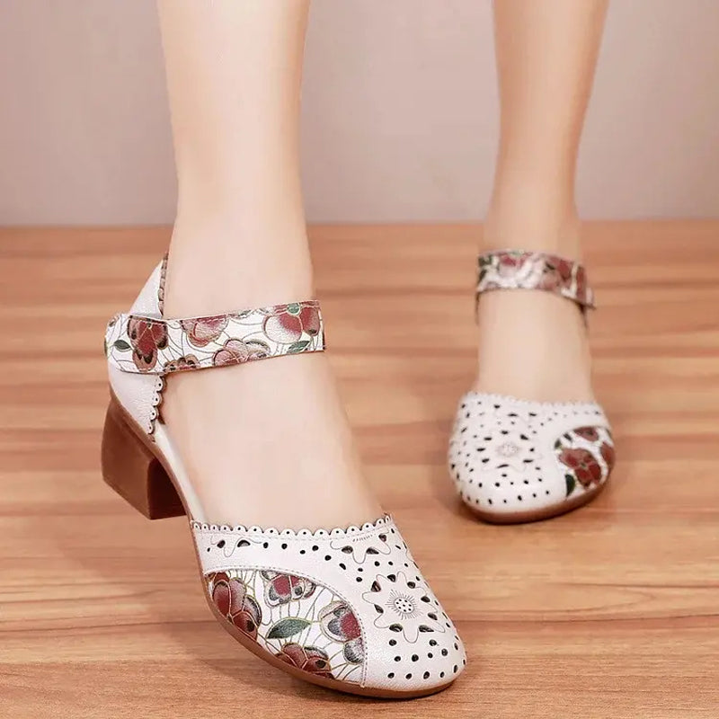 Women's Leather Block Heel Mary Jane Shoes Spring Perforated Strap Pumps with Floral Print