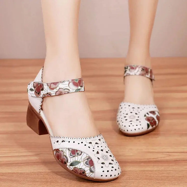 Women's Leather Block Heel Mary Jane Shoes Spring Perforated Strap Pumps with Floral Print