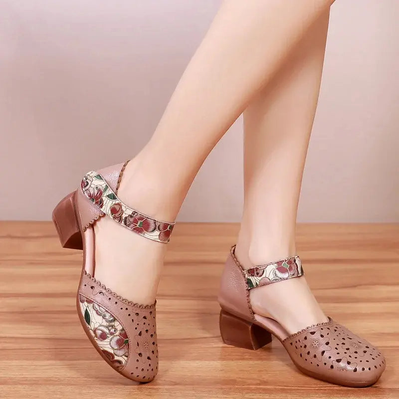 Women's Leather Block Heel Mary Jane Shoes Spring Perforated Strap Pumps with Floral Print