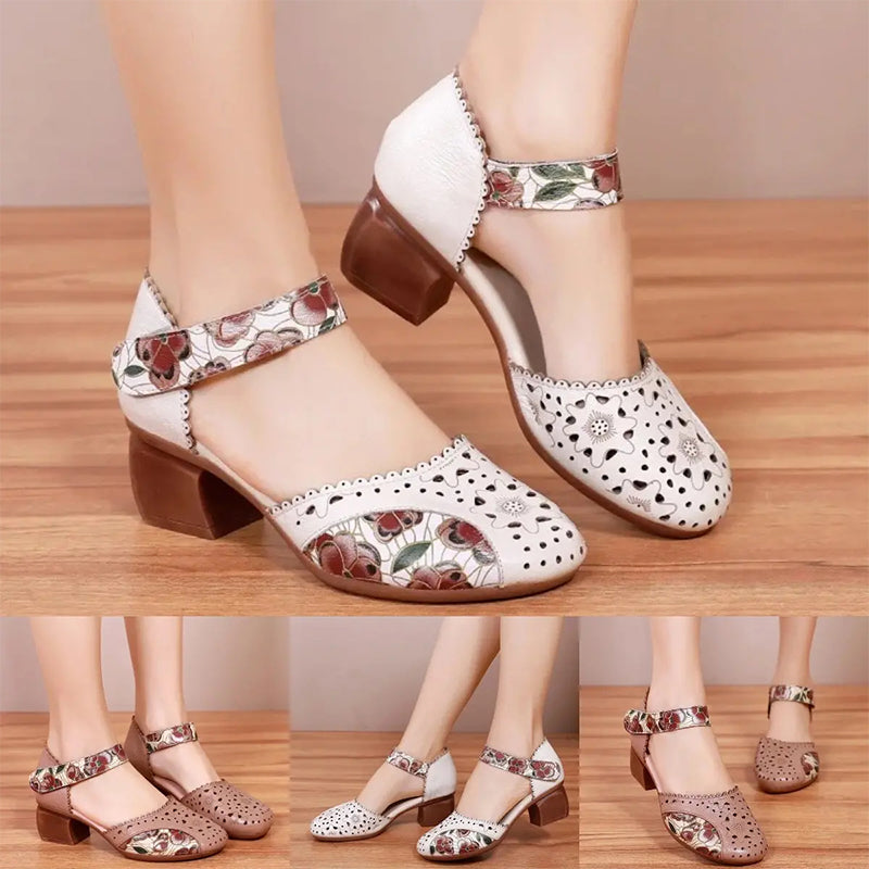 Women's Leather Block Heel Mary Jane Shoes Spring Perforated Strap Pumps with Floral Print