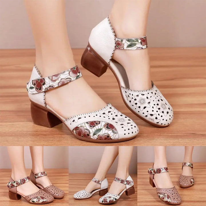 Women's Leather Block Heel Mary Jane Shoes Spring Perforated Strap Pumps with Floral Print