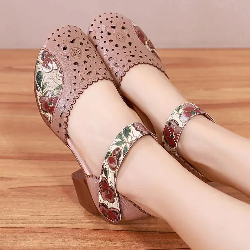 Women's Leather Block Heel Mary Jane Shoes Spring Perforated Strap Pumps with Floral Print