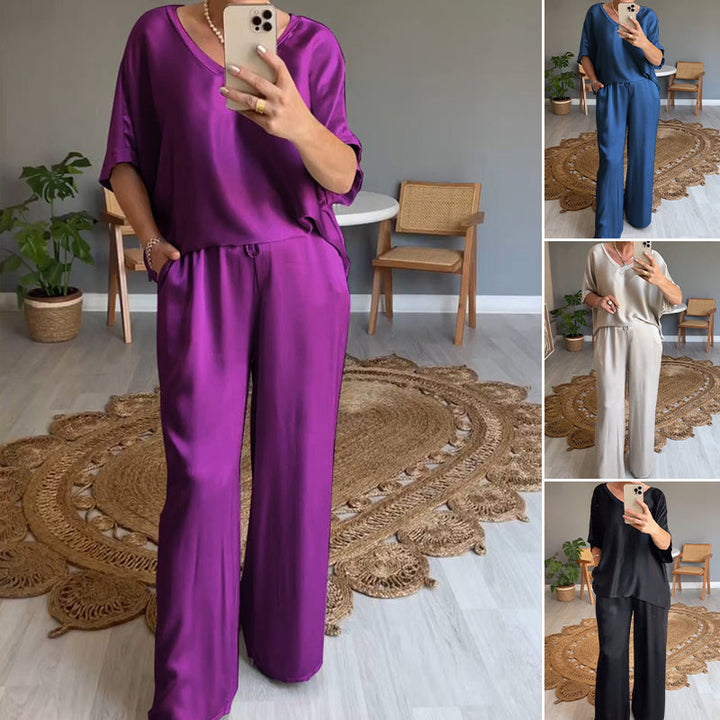 Women's Satin Two-Piece Set Autumn Loose Shirt Wide-Leg Pants Set