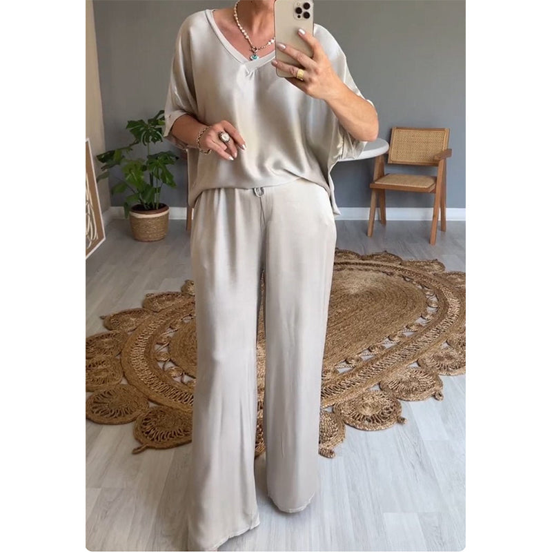 Women's Satin Two-Piece Set Autumn Loose Shirt Wide-Leg Pants Set