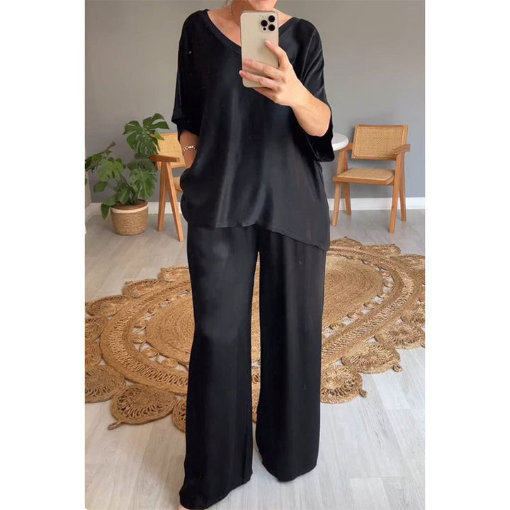 Women's Satin Two-Piece Set Autumn Loose Shirt Wide-Leg Pants Set