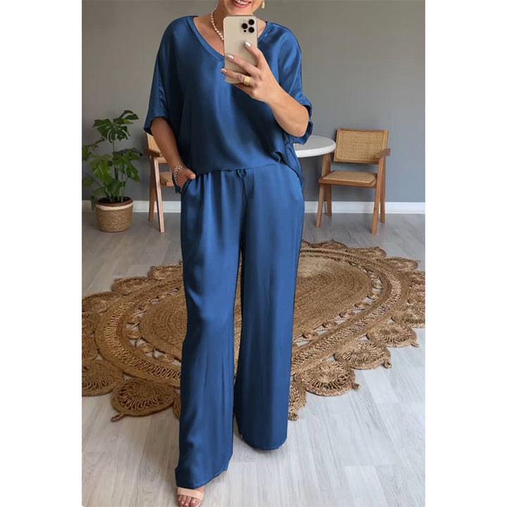 Women's Satin Two-Piece Set Autumn Loose Shirt Wide-Leg Pants Set