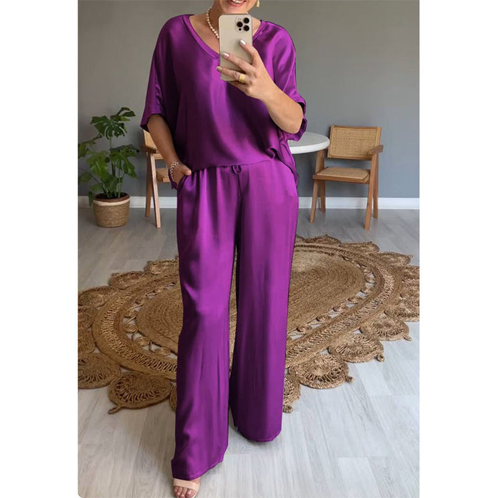Women's Satin Two-Piece Set Autumn Loose Shirt Wide-Leg Pants Set
