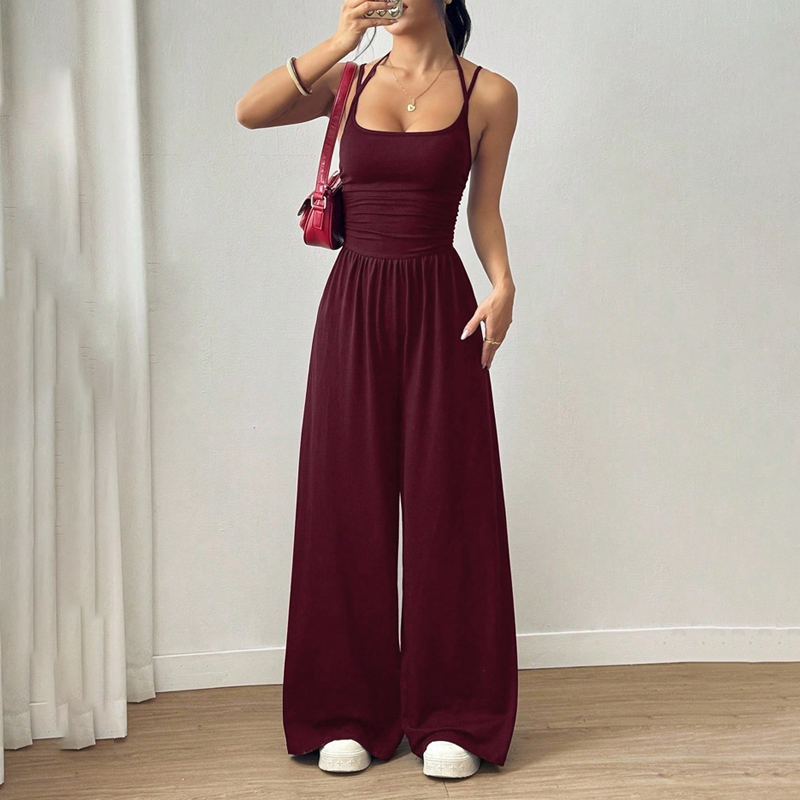 Women's Knit Thin Strap Wide Leg Jumpsuit Autumn Casual Jumpsuit