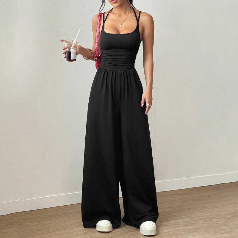 Women's Knit Thin Strap Wide Leg Jumpsuit Autumn Casual Jumpsuit