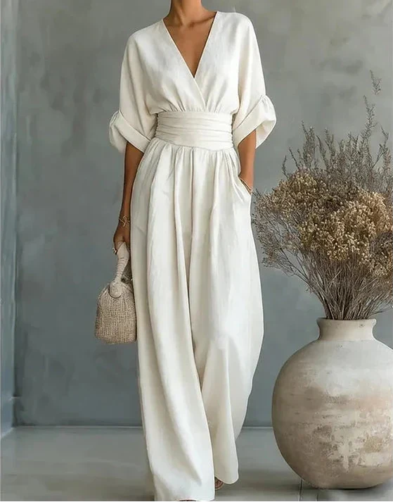 Women's Elegant Jumpsuit with Wrap Neckline and Wide Leg Pants for Autumn