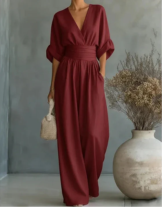 Women's Elegant Jumpsuit with Wrap Neckline and Wide Leg Pants for Autumn