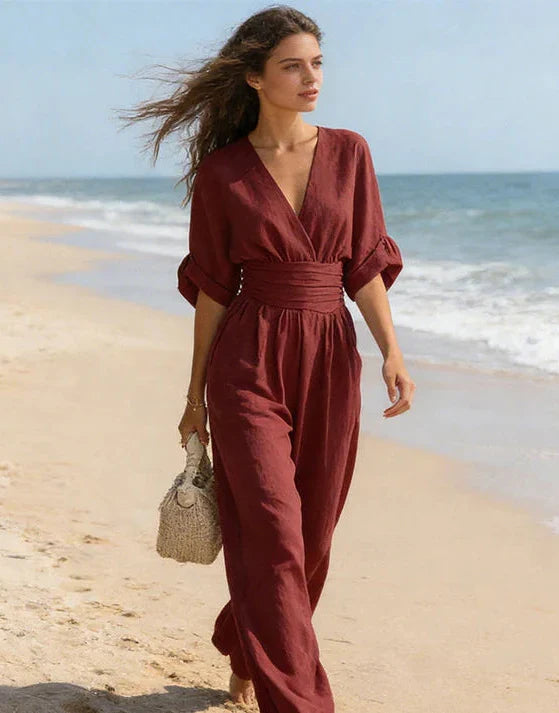 Women's Elegant Jumpsuit with Wrap Neckline and Wide Leg Pants for Autumn