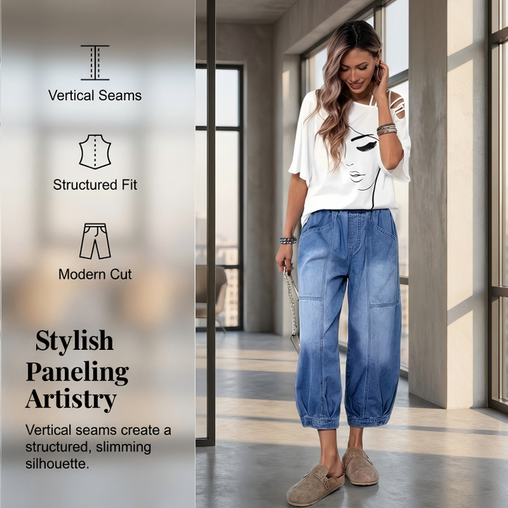 Women's Denim Wide-Leg Jeans Autumn Elastic Waist Cropped Jeans