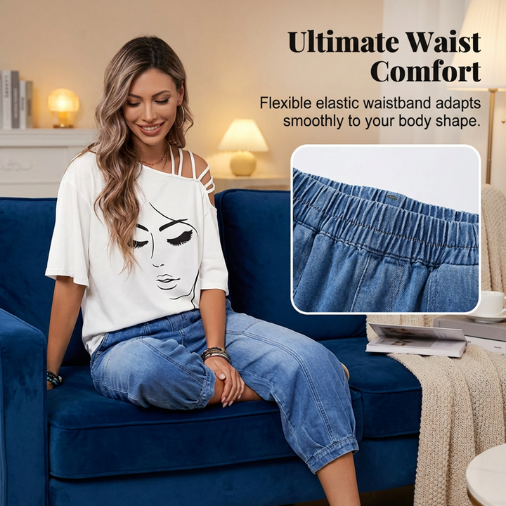 Women's Denim Wide-Leg Jeans Autumn Elastic Waist Cropped Jeans