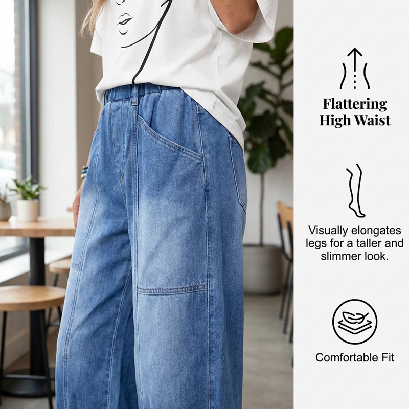 Women's Denim Wide-Leg Jeans Autumn Elastic Waist Cropped Jeans