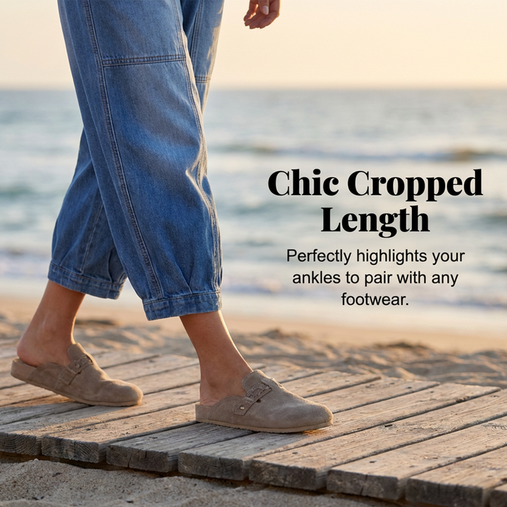Women's Denim Wide-Leg Jeans Autumn Elastic Waist Cropped Jeans