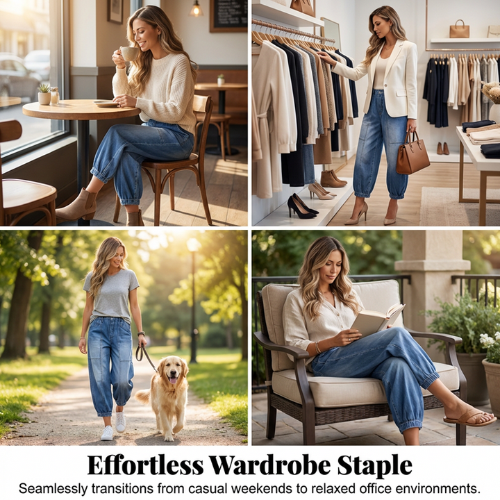 Women's Denim Wide-Leg Jeans Autumn Elastic Waist Cropped Jeans