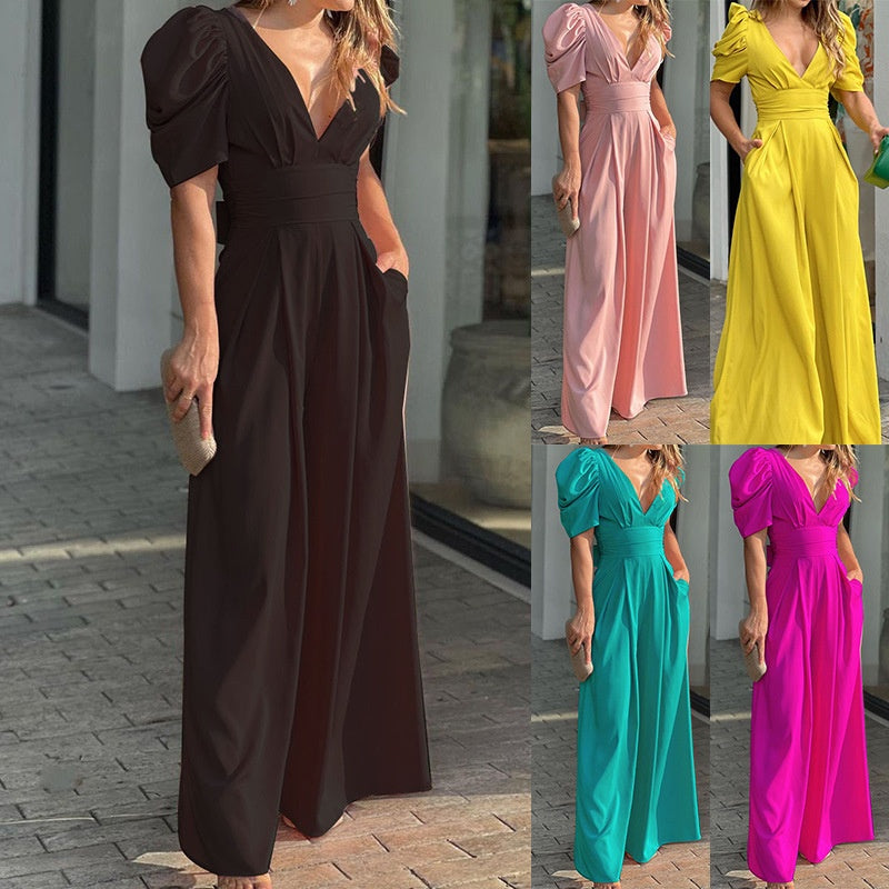 Women's V-Neck Cotton Palazzo Jumpsuit Autumn Long-Sleeve Party Jumpsuit