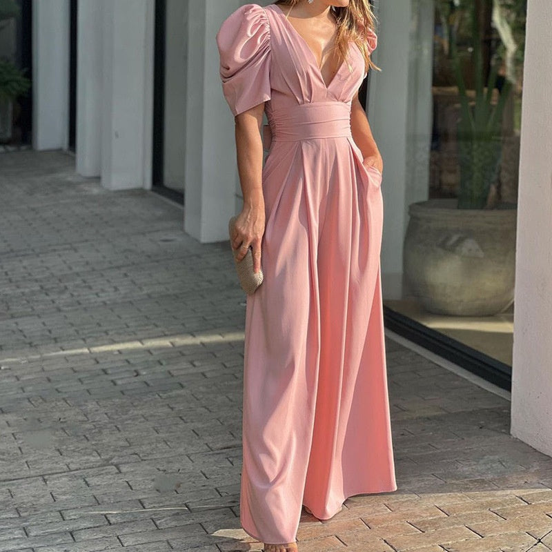 Women's V-Neck Cotton Palazzo Jumpsuit Autumn Long-Sleeve Party Jumpsuit