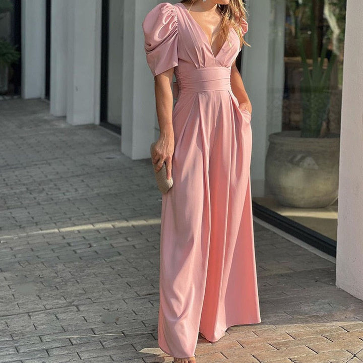 Women's V-Neck Cotton Palazzo Jumpsuit Autumn Long-Sleeve Party Jumpsuit