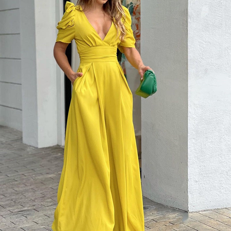 Women's V-Neck Cotton Palazzo Jumpsuit Autumn Long-Sleeve Party Jumpsuit