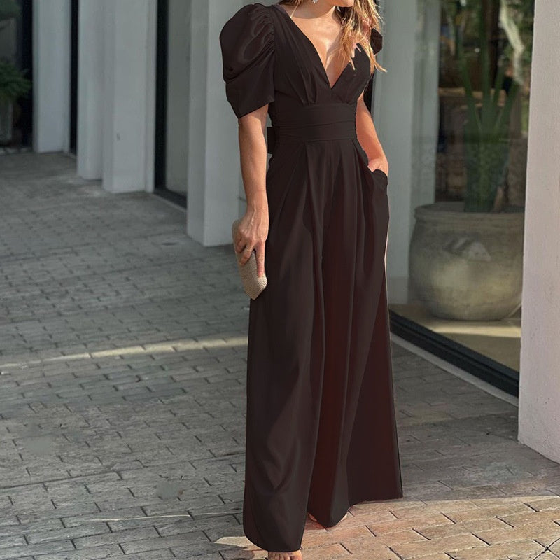 Women's V-Neck Cotton Palazzo Jumpsuit Autumn Long-Sleeve Party Jumpsuit