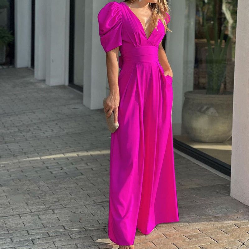 Women's V-Neck Cotton Palazzo Jumpsuit Autumn Long-Sleeve Party Jumpsuit