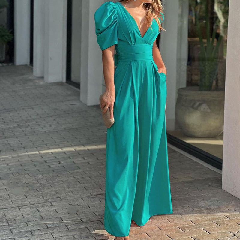 Women's V-Neck Cotton Palazzo Jumpsuit Autumn Long-Sleeve Party Jumpsuit