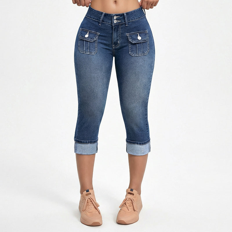 Women's Cotton Denim Capri Pants Autumn Slim Fit Cropped Jeans