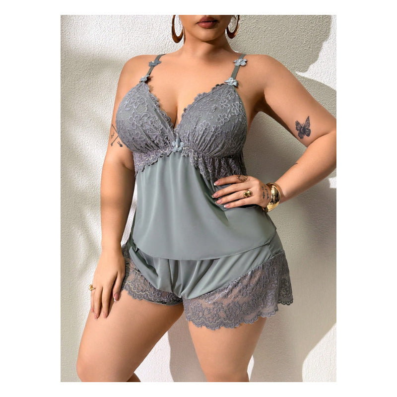 Women's Satin Pajama Set Spring Lace Cami Top and Shorts Two Piece Sleepwear Plus Size