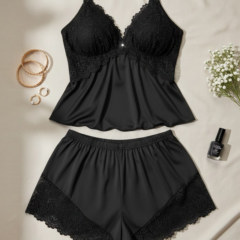 Women's Satin Pajama Set Spring Lace Cami Top and Shorts Two Piece Sleepwear Plus Size