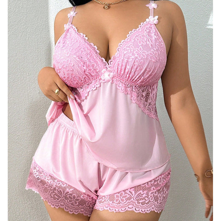 Women's Satin Pajama Set Spring Lace Cami Top and Shorts Two Piece Sleepwear Plus Size