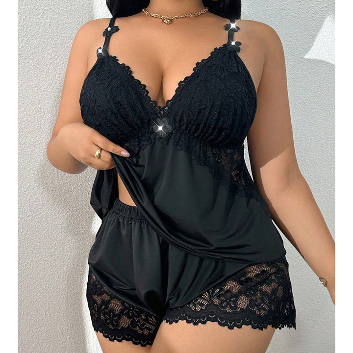 Women's Satin Pajama Set Spring Lace Cami Top and Shorts Two Piece Sleepwear Plus Size