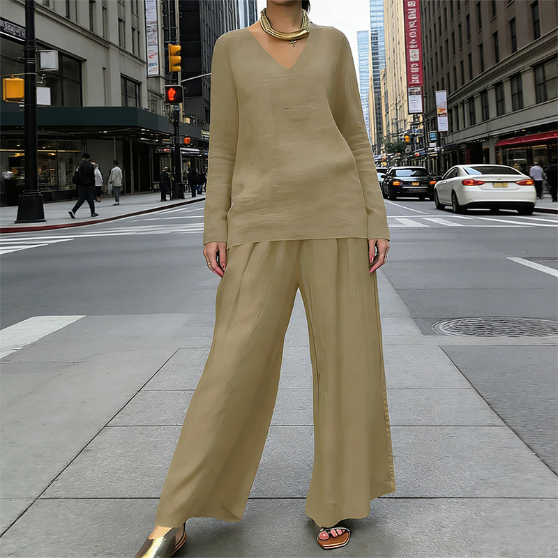 Women's V-Neck Two-Piece Set Autumn Wide-Leg Trousers Set